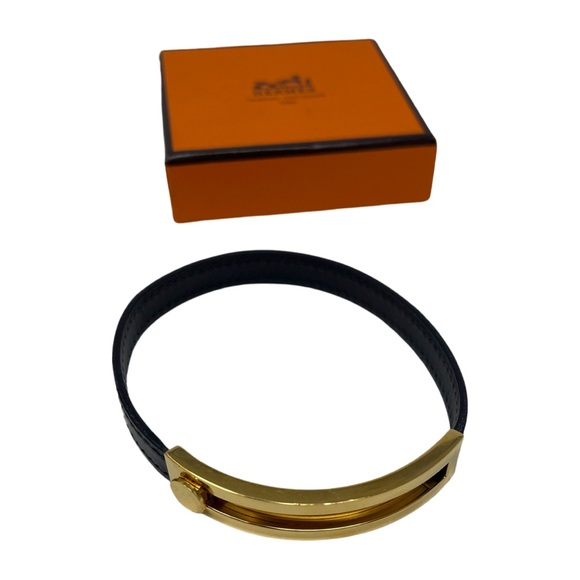 Hermes black leather gold metal slide lock bracelet - Picture 3 of 10